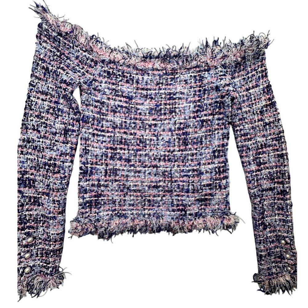 ZARA Blue Tweed Off-The-Shoulder Top Pearl Cuffs